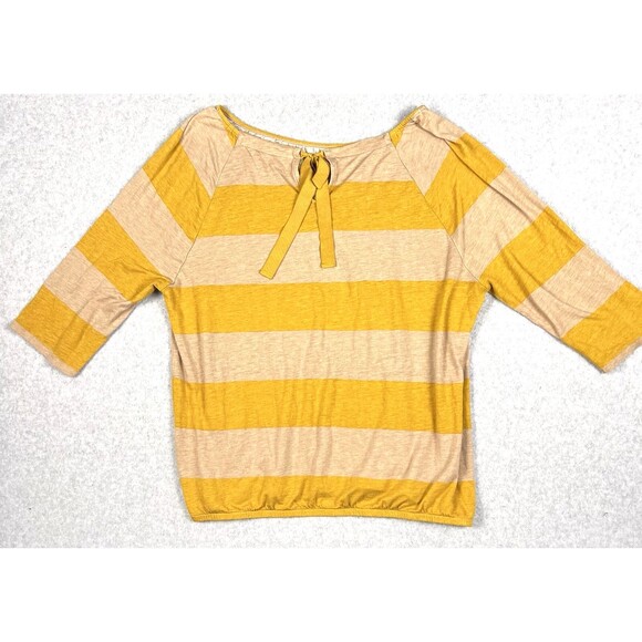 Ann Taylor Loft Top Womens Large Mustard Linen Keyhole Tie Neck Striped Workwear - Picture 2 of 12